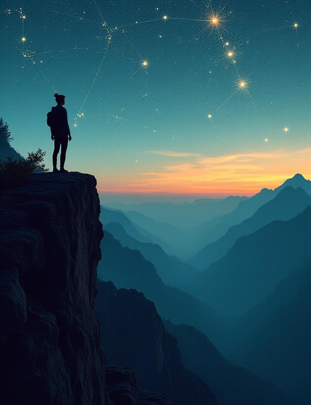 A traveler overlooking a sunset valley with glowing constellations overhead