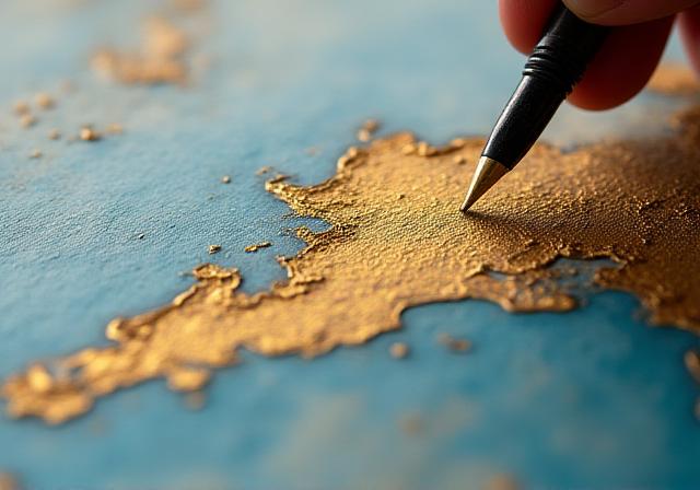 Close up of a hand-painted travel map with gold leaf